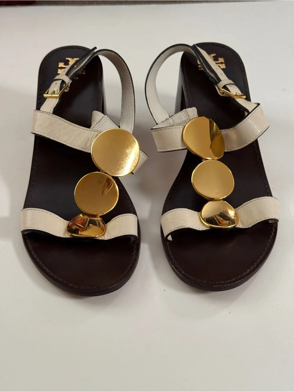 Tory Burch White Leather Sandals with Gold Disc Detail
